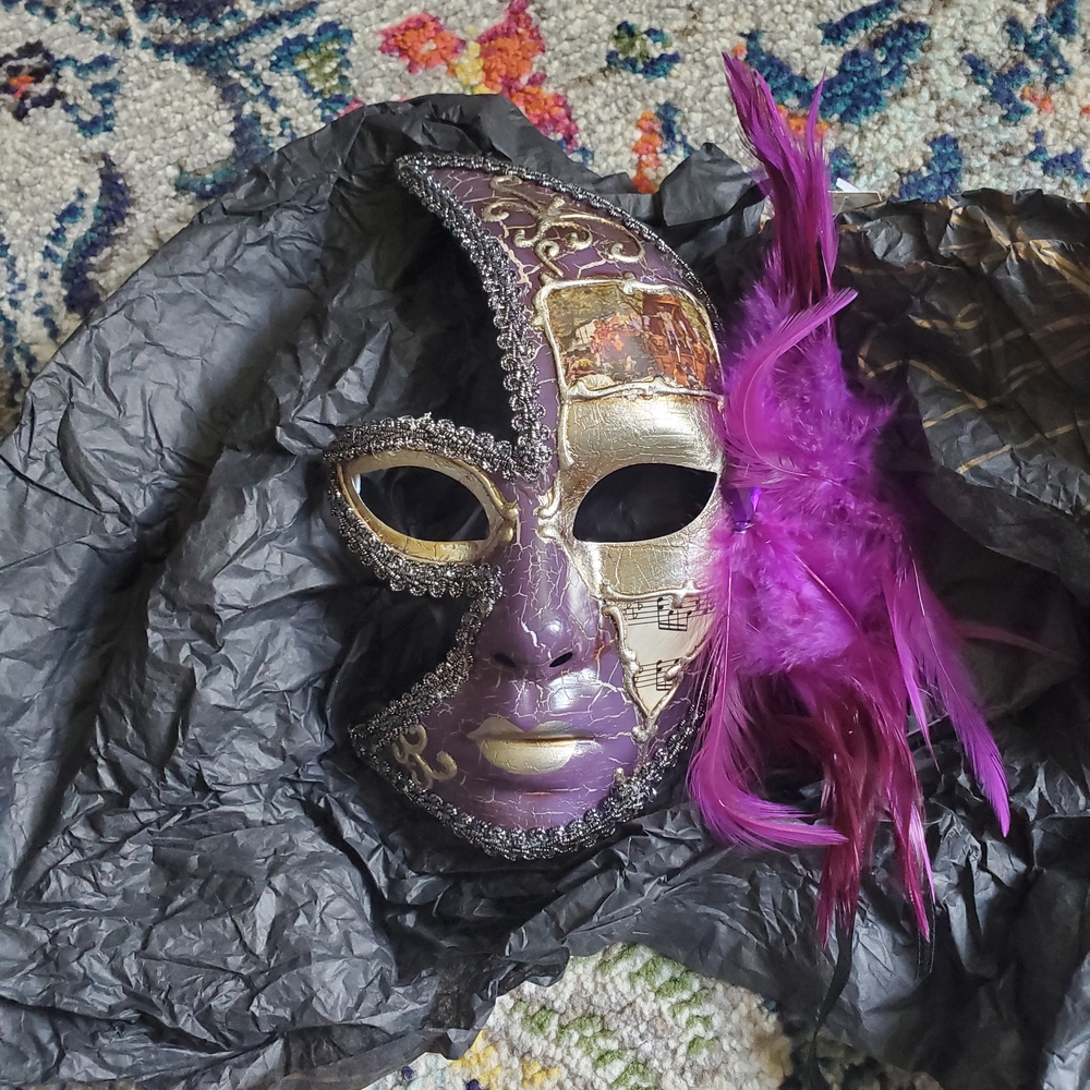 Purple and Gold Masquerade Mask with Feathers